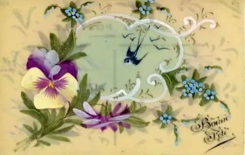 Zelluloid Ak Glückwunsch, Blumen, Stiefmütterchen