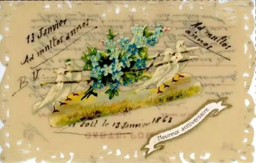 Zelluloid Ak Glückwunsch, Tauben, Vergissmeinnicht