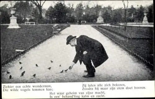 Ak Mann füttert Tauben, Tierfütterung, Garten