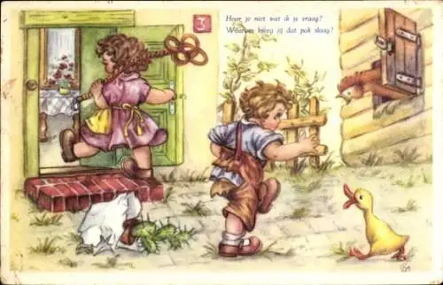 Künstler Ak Kinder, Bauernhof, Tiere, Kaktus, Küken, Hahn