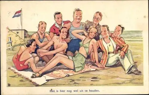 Künstler Ak Touristen am Strand, Gruppenbild, Bademode, Badeanzug