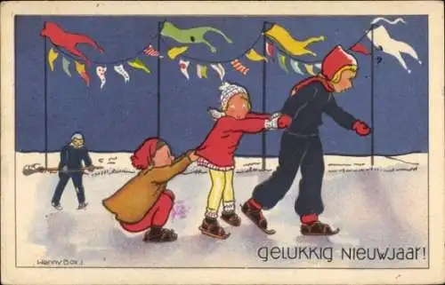 Künstler Ak Box, H., Glückwunsch Neujahr, Kinder beim Eislaufen