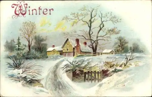 Litho Winter, Wohnhaus, Zaun, Schnee