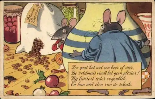 Ak Vermenschlichte Mäuse, Gemüse, Körner, Eingelegte Früchte, Essen