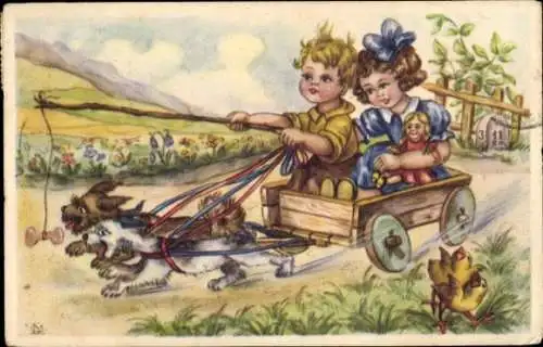 Künstler Ak Kinder, Hundekarren, Fliehende Küken, Puppe, Knochen