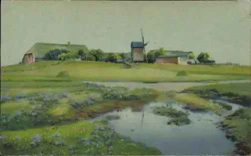 Ak Windmühle, Fluss, Häuser, Wiese, Landschaft