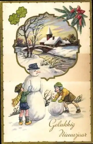 Ak Fröhliches Neujahr, Kinder bauen einen Schneemann
