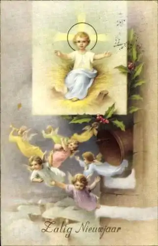 Ak Glückwunsch Neujahr, Engel, Stechpalme, Jesus als Kind