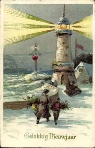 Ak Glückwunsch Neujahr, Menschen auf dem Weg zum Leuchtturm