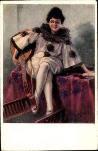 Künstler Ak Frau mit Laute, Kostüm, Gemaltes Porträt