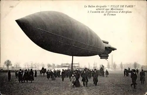 Ak Französisches Luftschiff Ville de Paris, Landung in Moulineaux