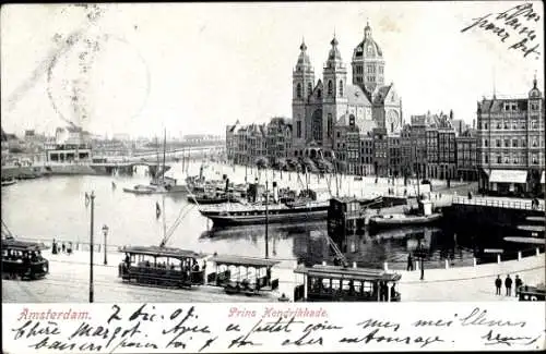 Ak Amsterdam Nordholland Niederlande, Prins Hendrikkade, Straßenbahnen
