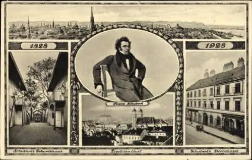 Ak Wien, Schubert-Zentenarfeier 1828-1928, Schuberts Geburtshaus, Schuberts Sterbehaus