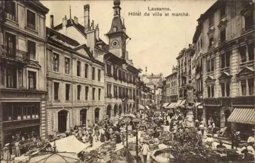 Ak Lausanne Kanton Waadt, Rathaus, Markt