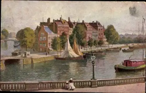 Künstler Ak Rotterdam Südholland Niederlande, Teilansicht, Brücke, Frau in Tracht