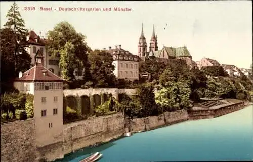 Ak Basel Bâle Stadt Schweiz, Deutschrittergarten und Münster
