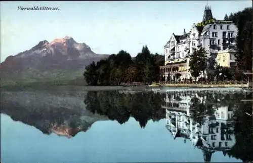 Ak Vierwaldstättersee Kanton Uri, Schloss Hotel Hertenstein und Pilatus