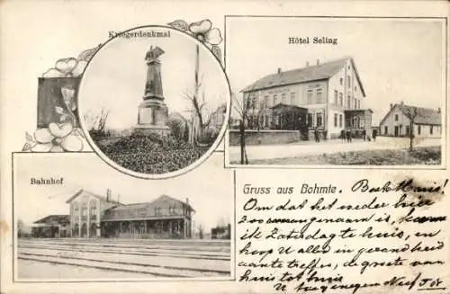 Ak Bohmte in Niedersachsen, Bahnhof Gleisseite, Kriegerdenkmal, Hotel Seling