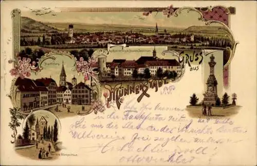 Litho Münnerstadt in Unterfranken Bayern, Marktplatz, Seminar, Kriegerdenkmal, Gesamtansicht