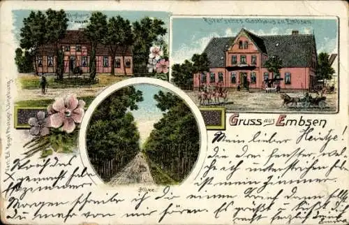 Litho Embsen in Niedersachsen, Rütersches Gasthaus, Allee, Forsthaus