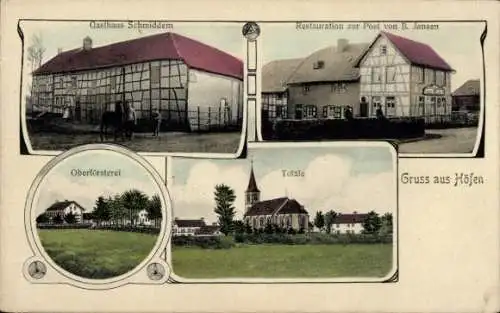 Ak Höfen Monschau Montjoie Eifel, Gasthaus Schmiddem, Restauration zur Post, Oberförsterei, Kirche