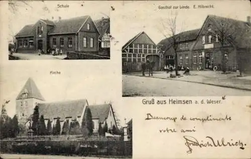Ak Heimsen Petershagen an der Weser, Schule, Gasthof zur Linde, Kirche