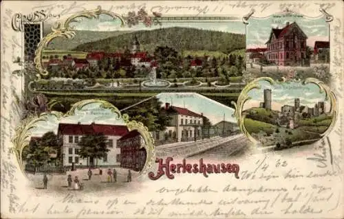 Litho Herleshausen an der Werra, Schloss, Post, Brandenburg, Bahnhof, Gastwirtschaft H. Fasshauer