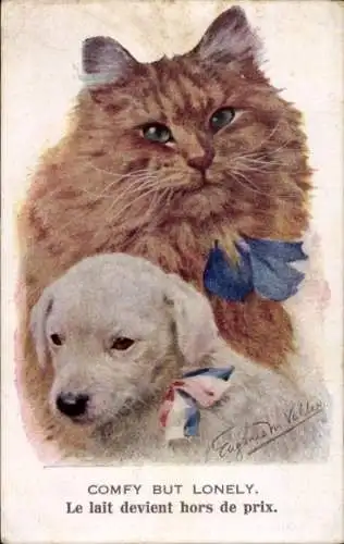 Künstler Ak Braune Katze, Weißer Hund, Freundschaft