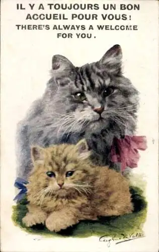 Künstler Ak Zwei langhaarige Katzen, Mutter mit Schleife, junges Kätzchen