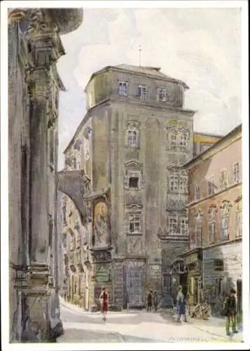Künstler Ak Weidinger, Linz an der Donau Oberösterreich, Pfarrplan, Ecke Pfarrgasse, Bürgerhaus