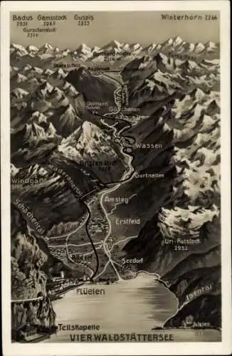 Landkarten Ak Vierwaldstättersee Kanton Uri, Tellskapelle, Flüelen