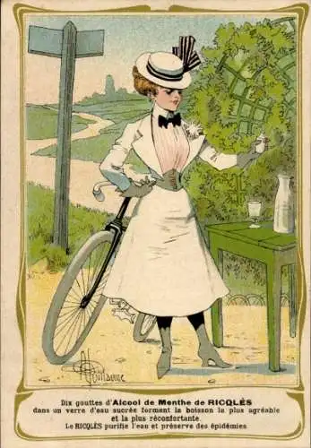 Künstler Ak Guillaume, Albert, Reklame, Alcool de Menthe de Ricqoles, Frau mit Fahrrad