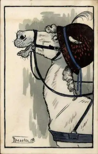 Künstler Ak Pferd mit Zaumzeug und Hut