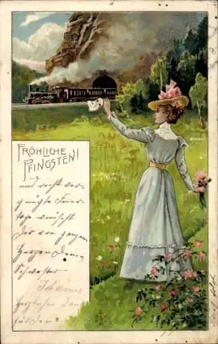 Litho Glückwunsch Pfingsten, Frau winkt einer Eisenbahn, Dampflok