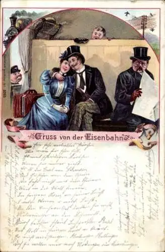 Litho Gruß von der Eisenbahn, Liebespaar im Abteil
