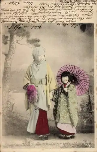Ak Japan, Japanerin mit Kind, Sonnenschirm