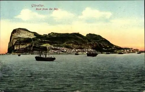 Ak Gibraltar, rock, view from the bay, boats, steep coast, village