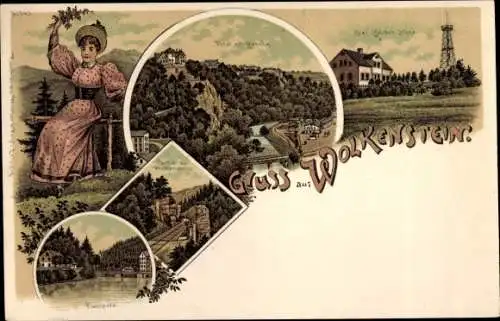Litho Wolkenstein im Erzgebirge, Drei Brüder Höhe, Aussichtsturm, Totalansicht