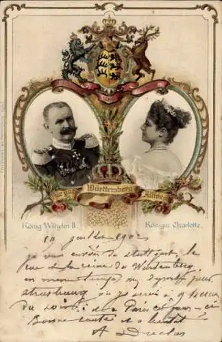 Präge Wappen Ak König Wilhelm II. von Württemberg, Königin Charlotte