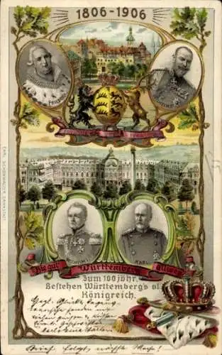 Präge Wappen Ak 100 jähr. Bestehen des Königreichs Württemberg, Friedrich, Wilhelm II, Karl