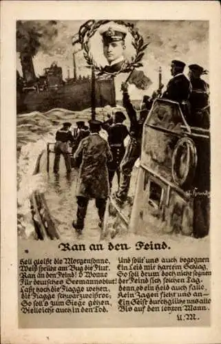 Künstler Lied Ak Ran an den Feind, Otto Weddigen, U Boot