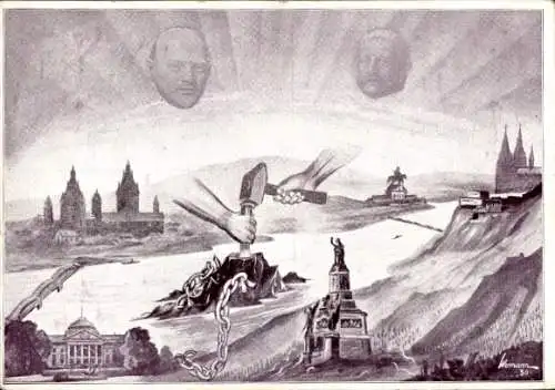 Künstler Ak Wermann, Unser Rheinland ist frei, Gustav Stresemann, Paul von Hindenburg, 1930