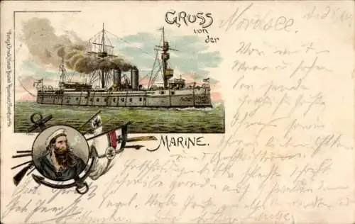 Litho Gruß von der Marine, Seemann, Fahnen, Deutsches Kriegsschiff
