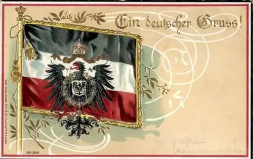 Präge Wappen Litho Ein deutscher Gruß, Kaiserreich, Fahne, Adler