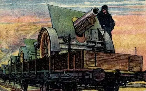 Künstler Ak Eisenbahner Postkarte Balkanzug Nr. 7, Transportzug mit Geschützen, I. WK, KuK Armee