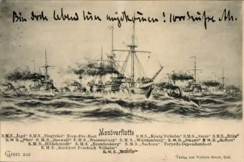 Künstler Ak Deutsche Kriegsschiffe, SMS Jagd, SMS Siegfried, SMS Weißenburg, SMS Württemberg