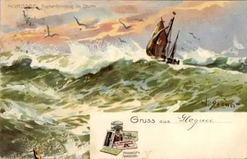 Künstler Litho Stöwer, Willy, Nordsee, Fischerfahrzeug im Sturm, Hauswaldt's Spezialitäten