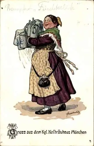 Künstler Ak München Bayern, Kgl. Hofbräuhaus, Kellnerin mit Bierkrügen