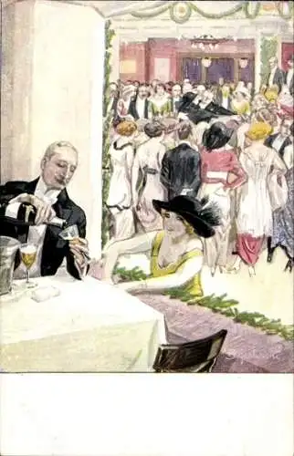 Künstler Ak Lustige Blätter Künstlerkarte Nr. 4, Mann schenkt einer Frau Sekt ein