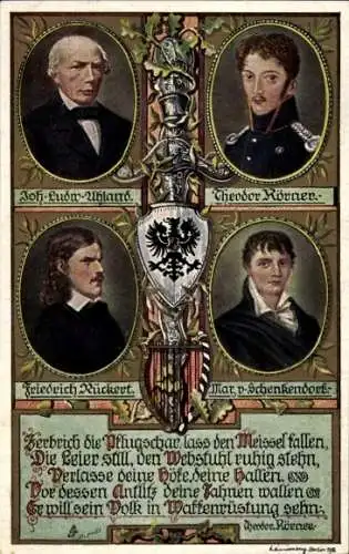 Künstler Ak Schriftsteller Joh. Ludwig Uhland, Theodor Körner, Friedrich Rückert, v. Schenkendorf
